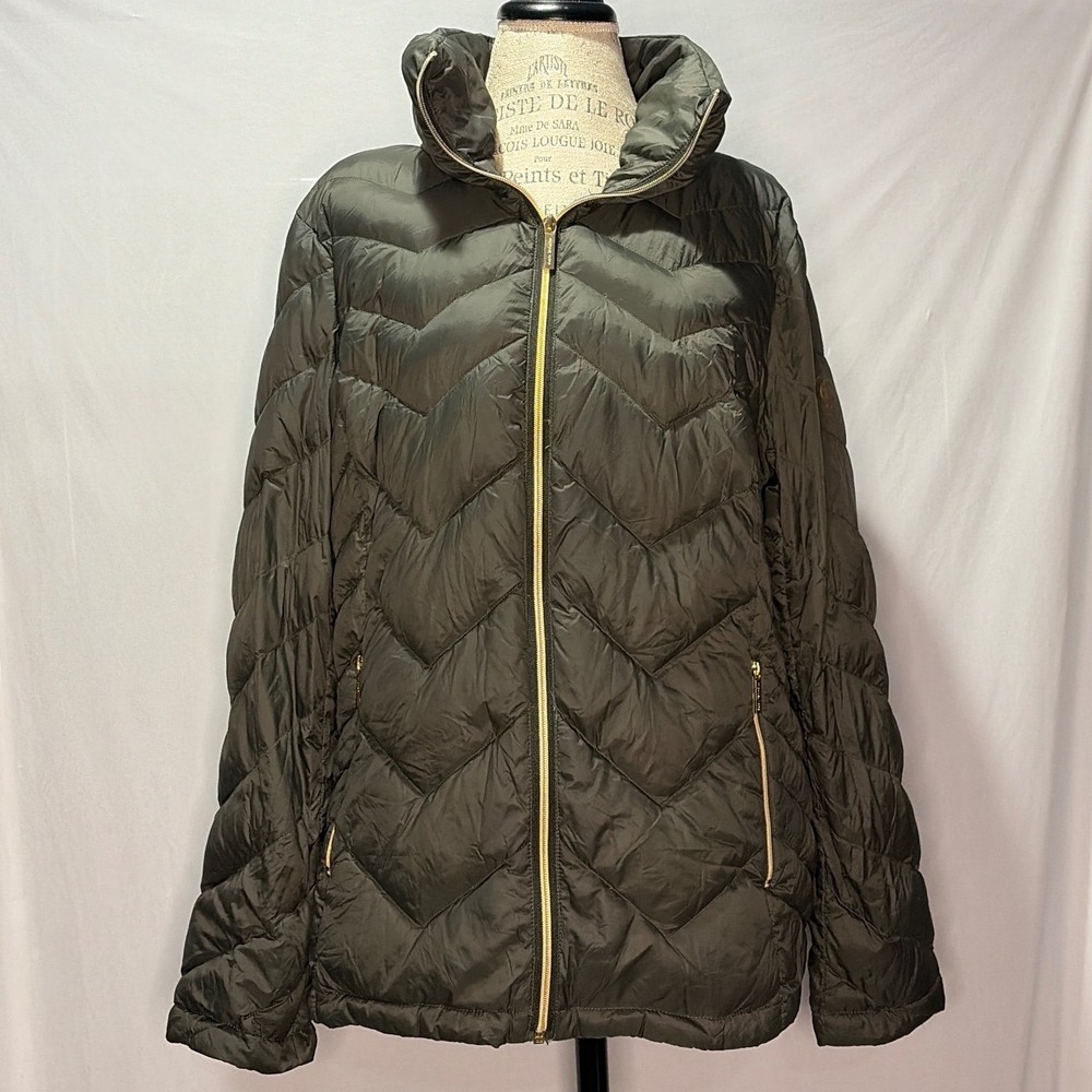 Michael Michael Kors Olive Green Packable Down Puffer Jacket Womens XL Chevron